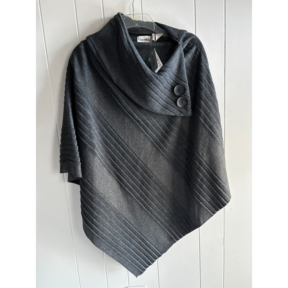 Le Moda JJ Women’s Gray Pleated Button Wrap Asymmetrical Warm Poncho Top #D